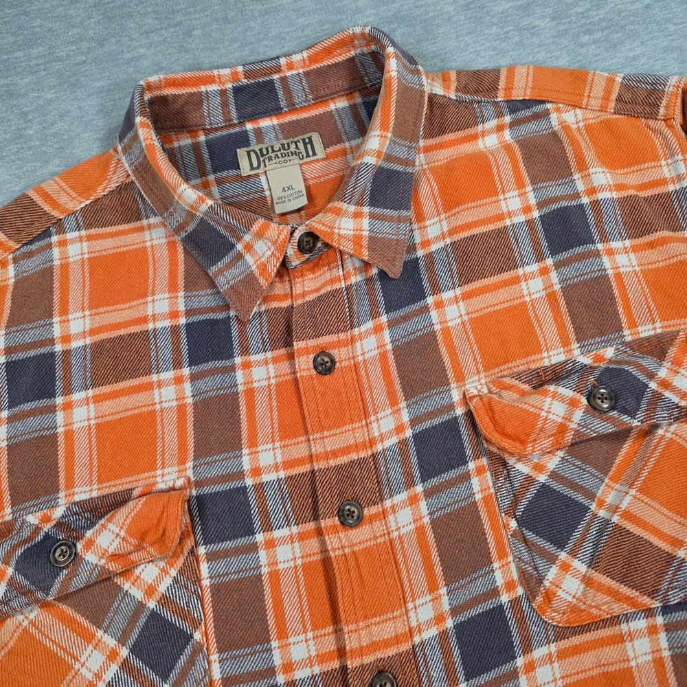 Duluth Trading Co Mens 4XL Orange Plaid Flannel Button Down Work Shirt LS
